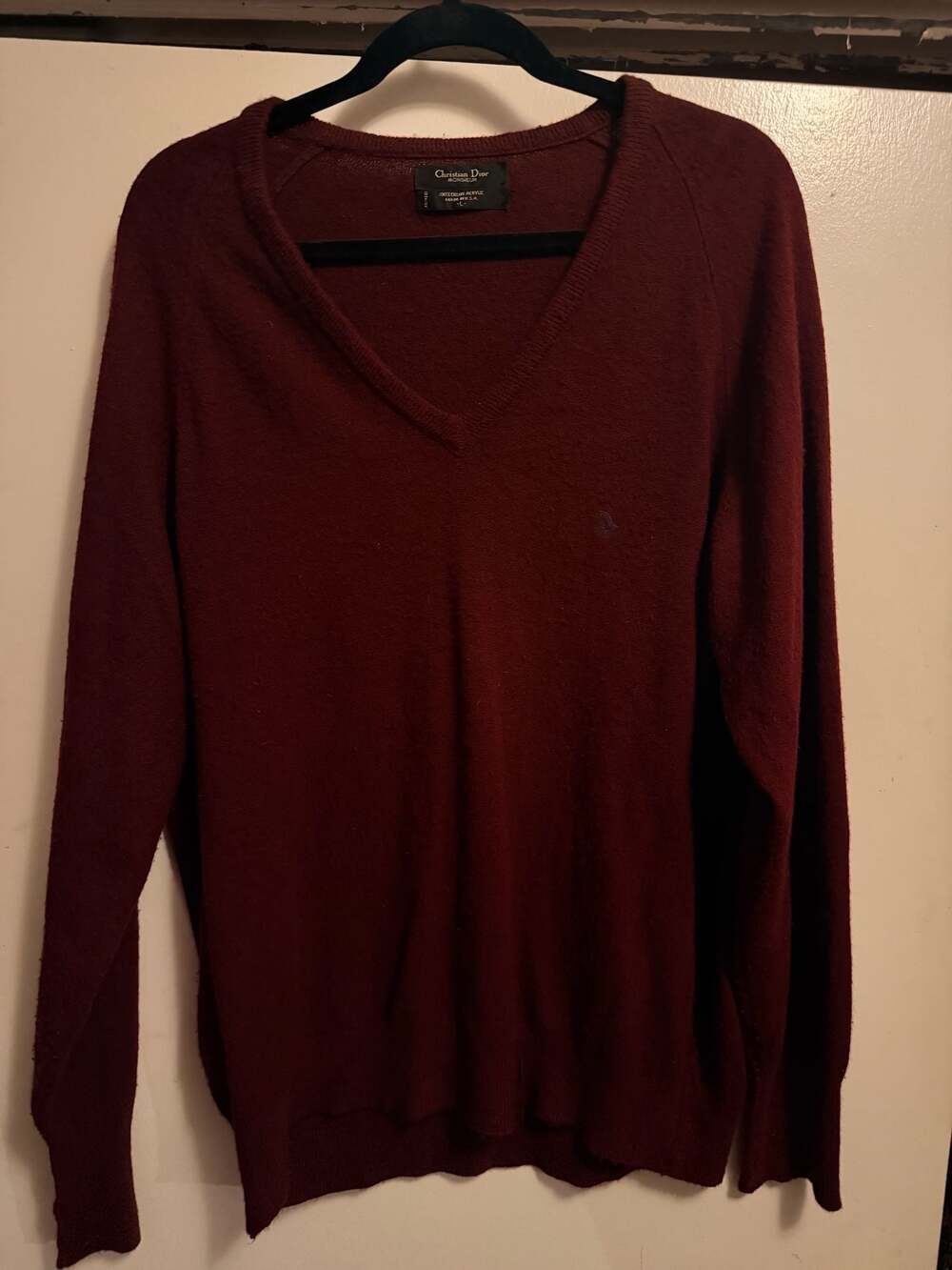 Vintage Christian Dior Monsieur Burgundy Orlon Acrylic V-Neck Sweater